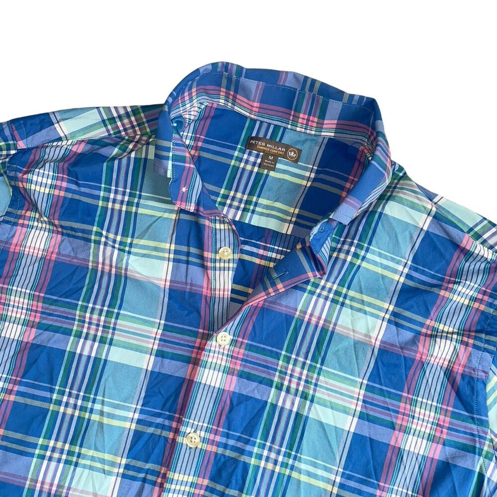 Peter Millar Mens Button Down Summer Comfort Plaid Blue Pink Performance‎ Shirt